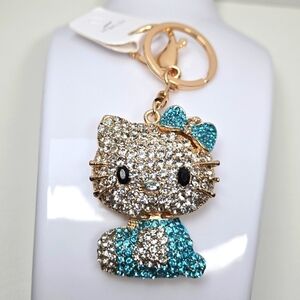 Hello Kitty Rhinestone Keychain Sky Blue and Gold Tone
